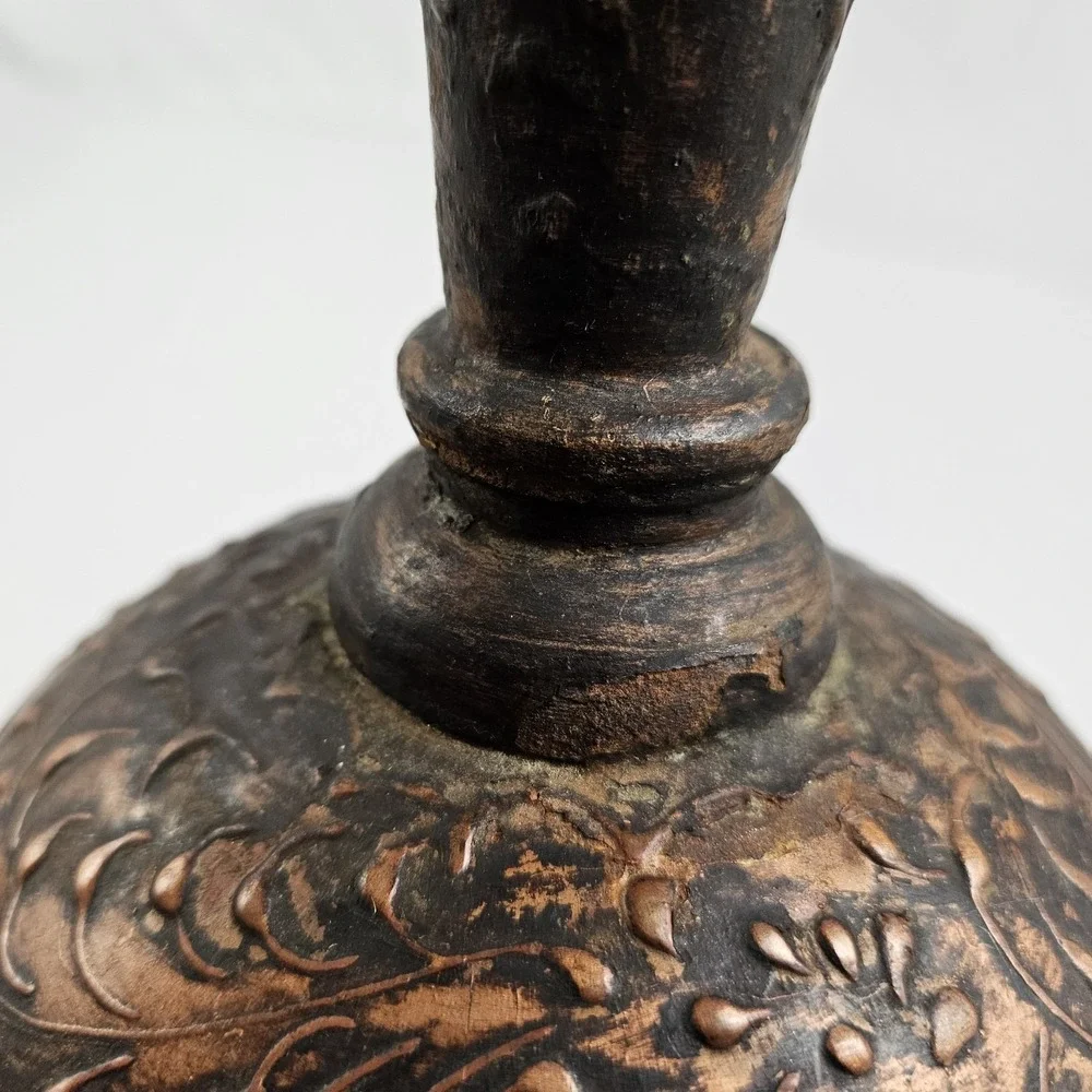 Embossed Copper Trumpet Pedestal Vase Arts & Crafts Boho Whimsical